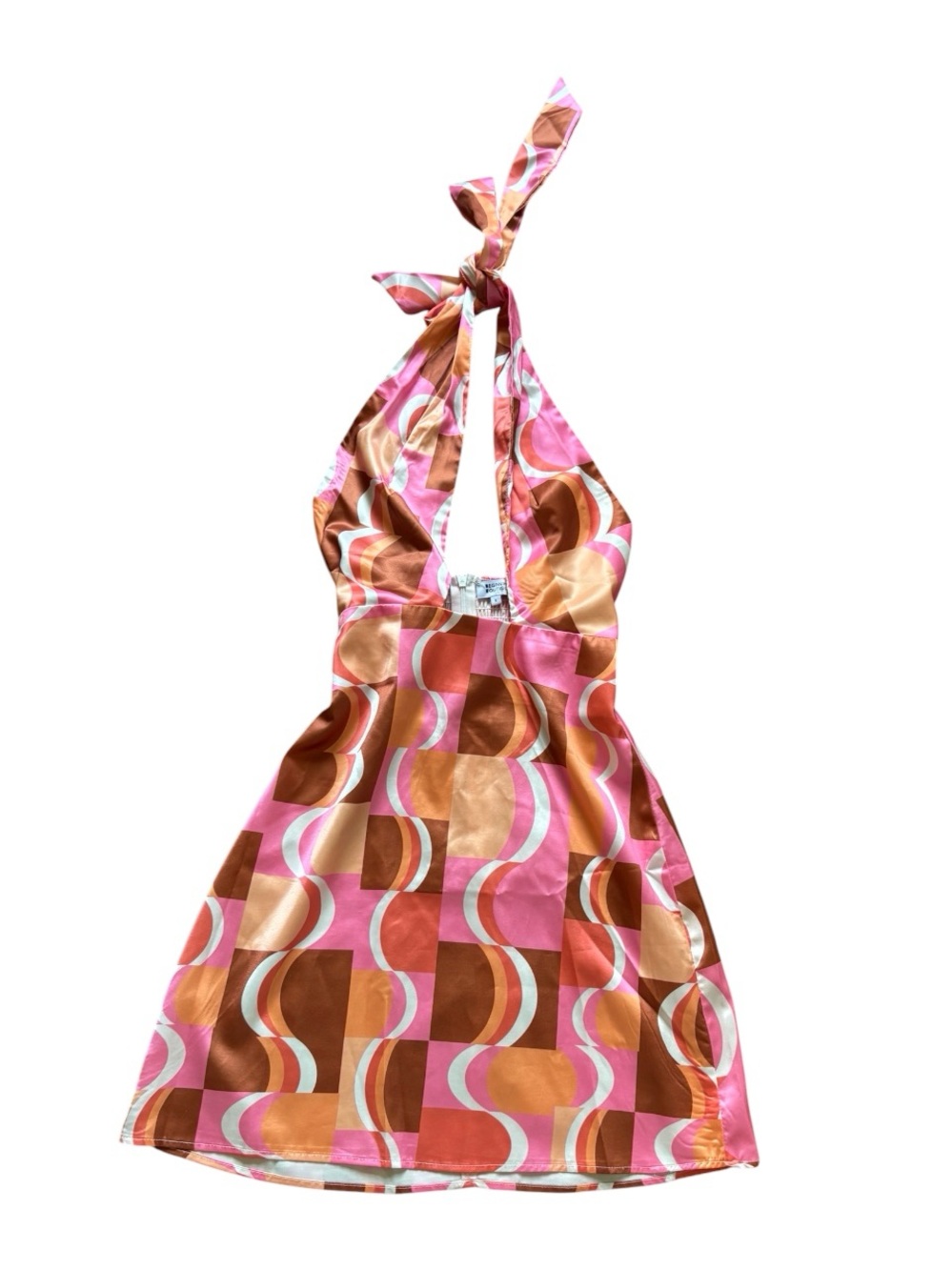 Beginning Boutique Pink and Orange Geometric Halter Dress